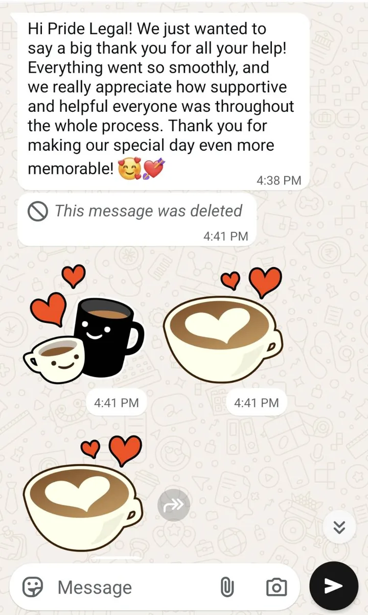 WhatsApp chat. A couple writes: "Hi Pride Legal! We just wanted to say a big thank you for all your help! Everything went so smoothly."