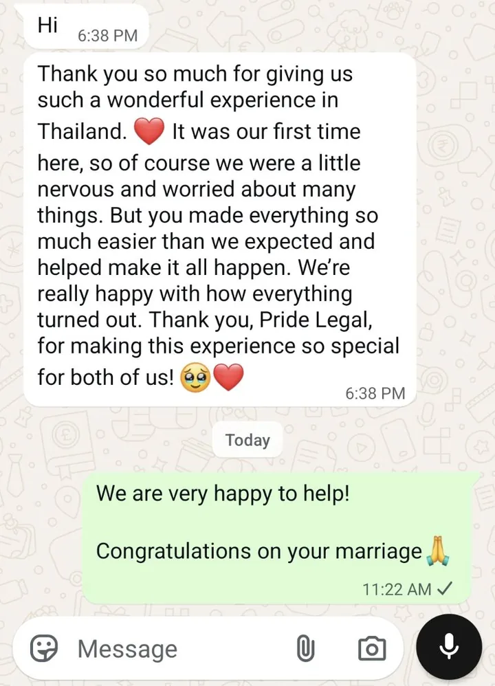 WhatsApp chat. A couple writes: "Thank you so much for giving us such a wonderful experience in Thailand. You made everything so much easier than we expected." Pride Legal replies: "We are very happy to help! Congratulations on your marriage."