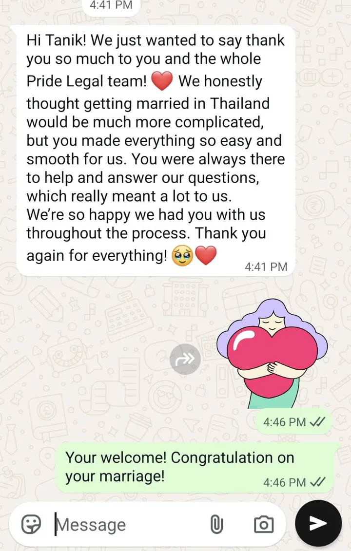 WhatsApp chat. A couple writes: "We honestly thought getting married in Thailand would be much more complicated, but you made everything so easy and smooth for us."