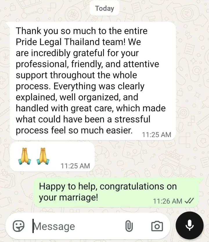 WhatsApp chat. A couple writes: "We are incredibly grateful for your professional, friendly, and attentive support throughout the whole process." Pride Legal replies: "Happy to help, congratulations on your marriage!"