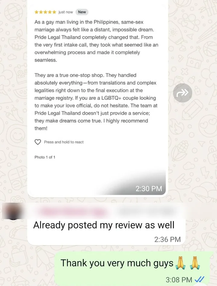 WhatsApp chat with a couple, who share their five-star Google review: "They are a true one-stop shop. They handled absolutely everything." Pride Legal replies: "Thank you very much guys."