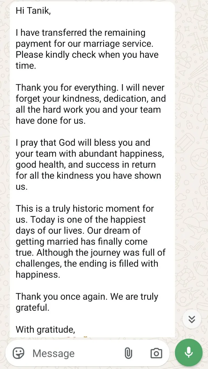 WhatsApp chat. A client writes: "This is a truly historic moment for us. Today is one of the happiest days of our lives. Our dream of getting married has finally come true."