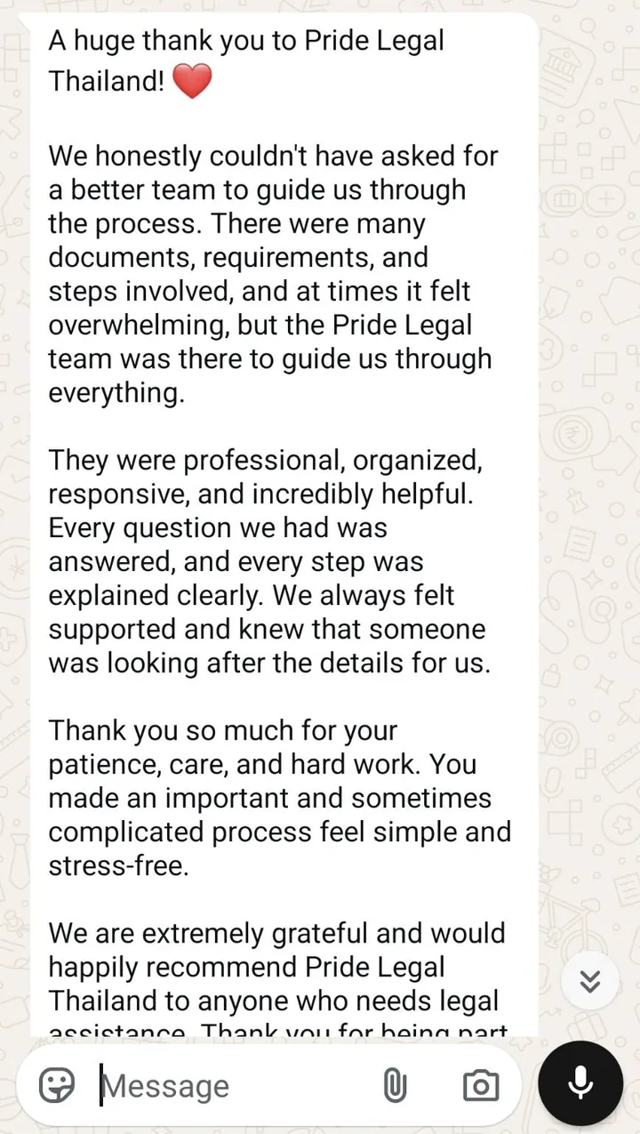 WhatsApp chat. A couple writes: "A huge thank you to Pride Legal Thailand! Every question we had was answered, and every step was explained clearly."