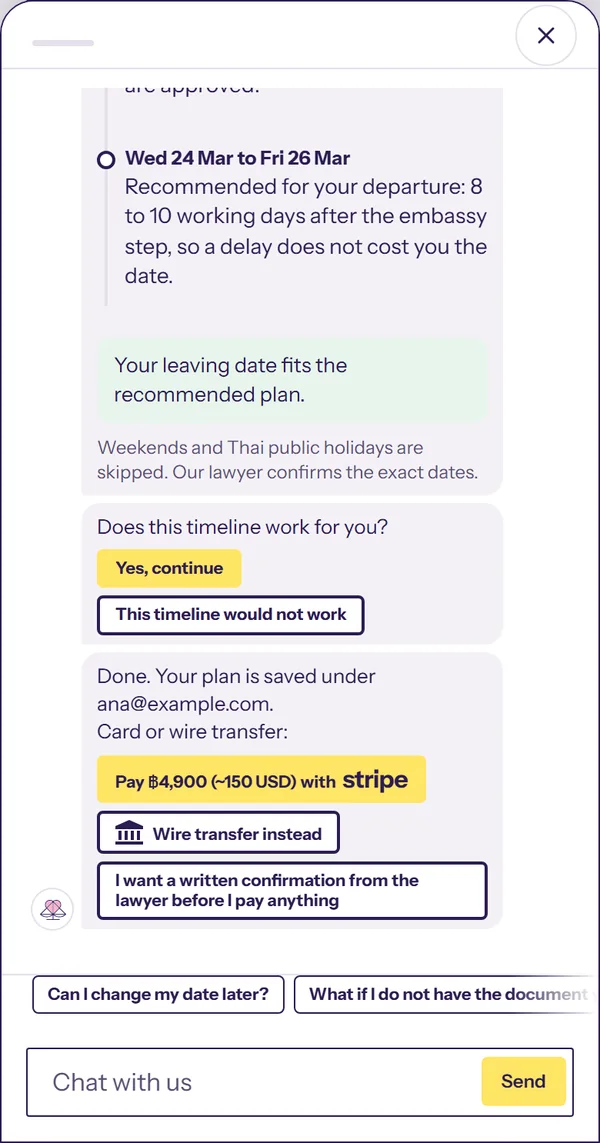The booking fee in the chat, paid by card or wire transfer